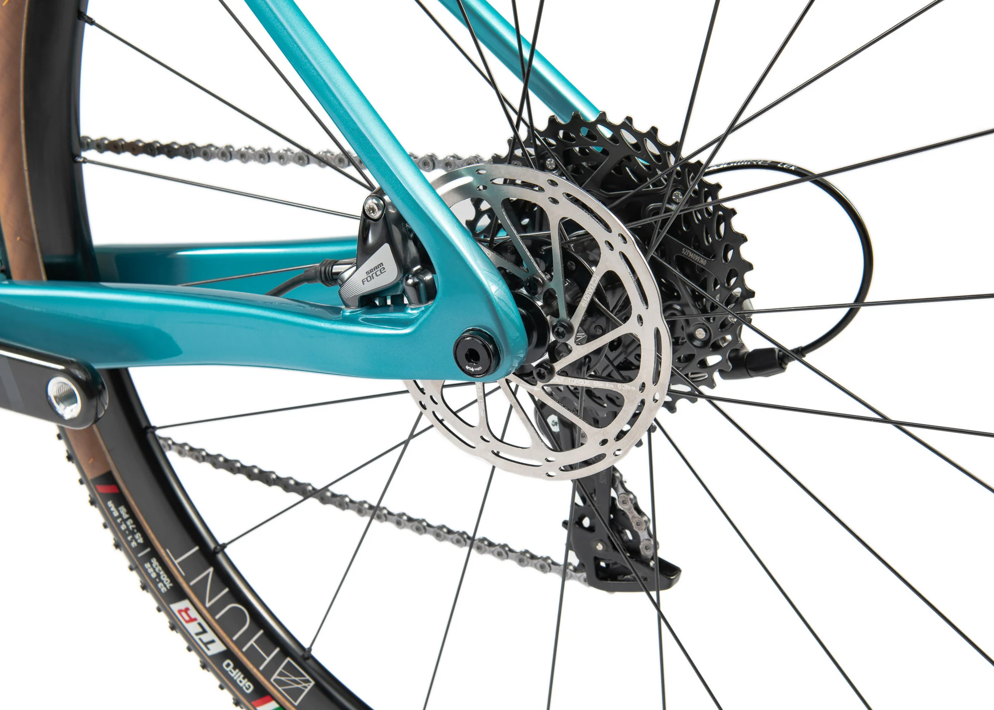 Macro of a rear disc brake and rotor on a Hunt carbon wheel.
