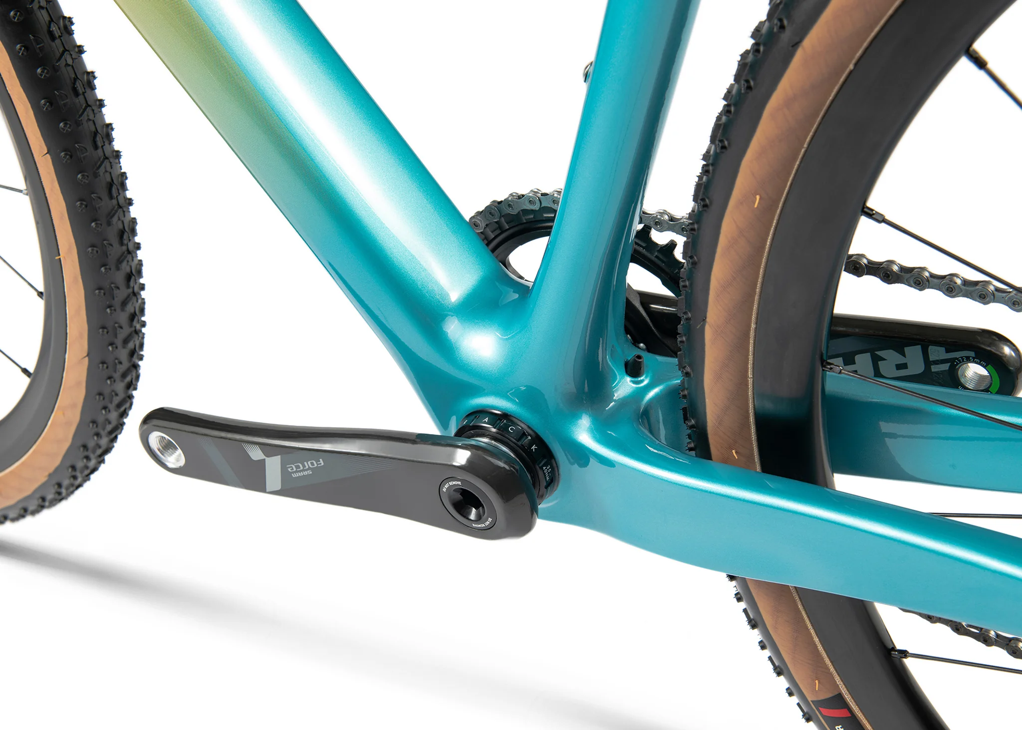Close-up of SRAM Force carbon cranks and bottom bracket area.