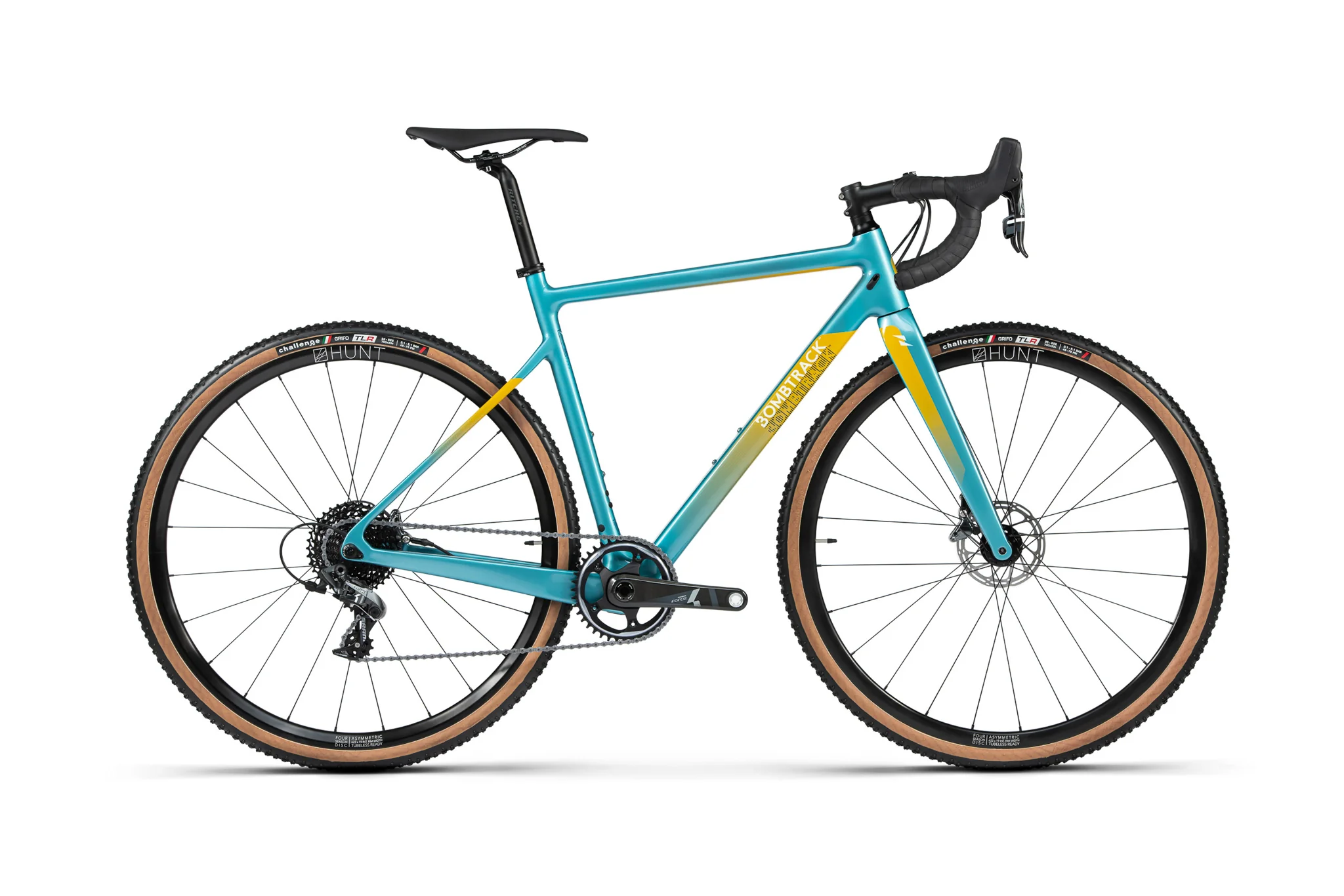 Teal and yellow Bombtrack Hook EXT C gravel bike on a pure white background.