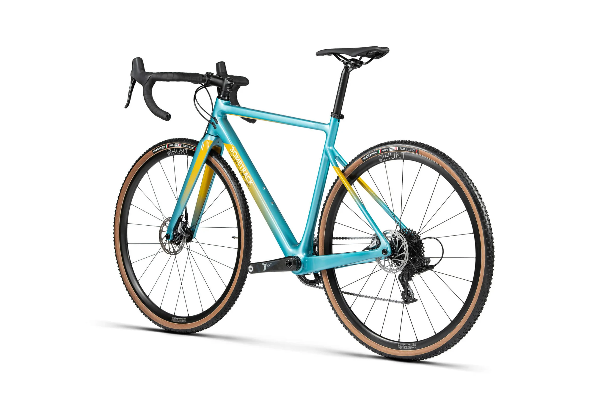 Rear profile shot of a teal carbon Bombtrack gravel bike.