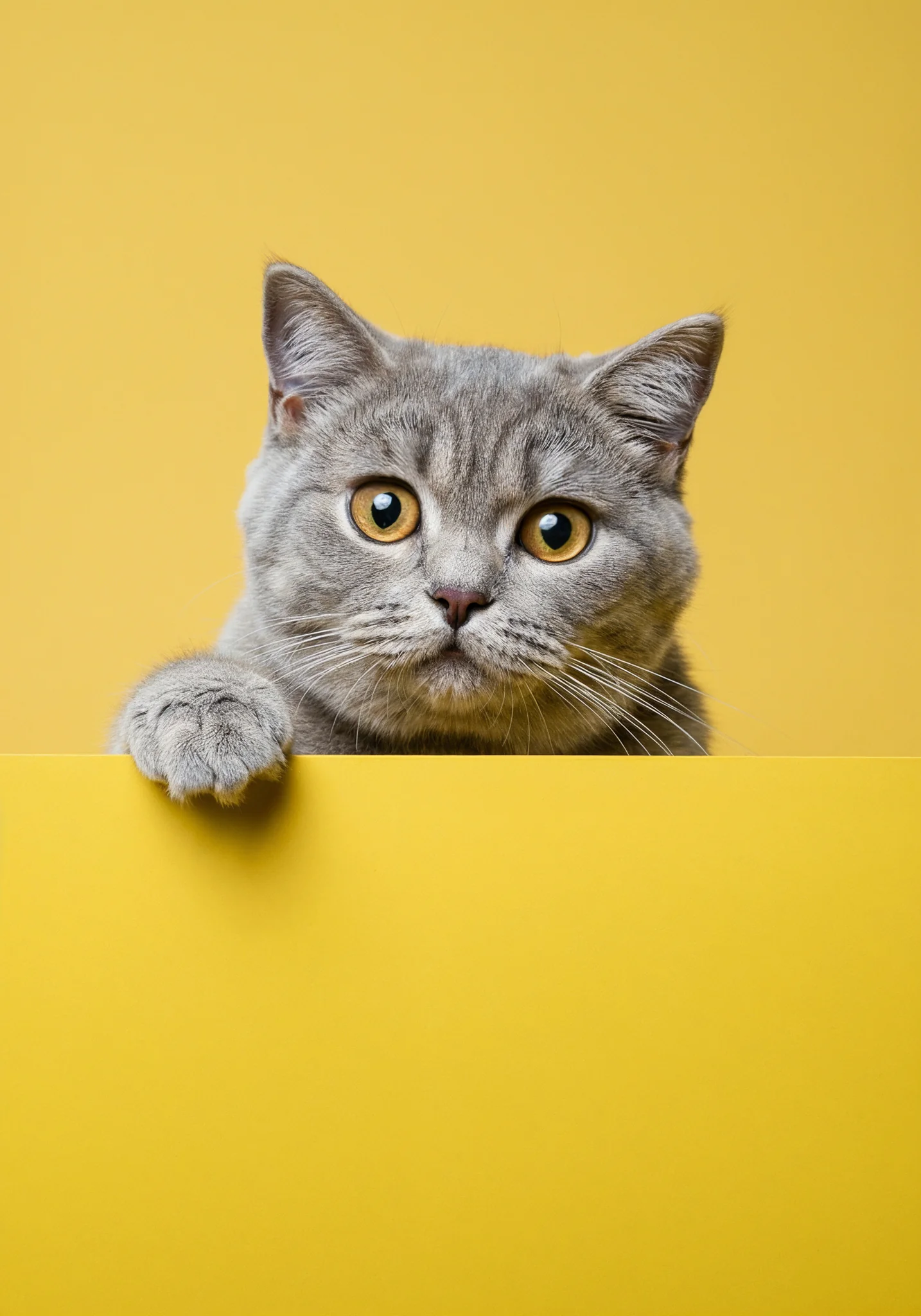AI portrait of a grey cat peeking over a yellow surface.