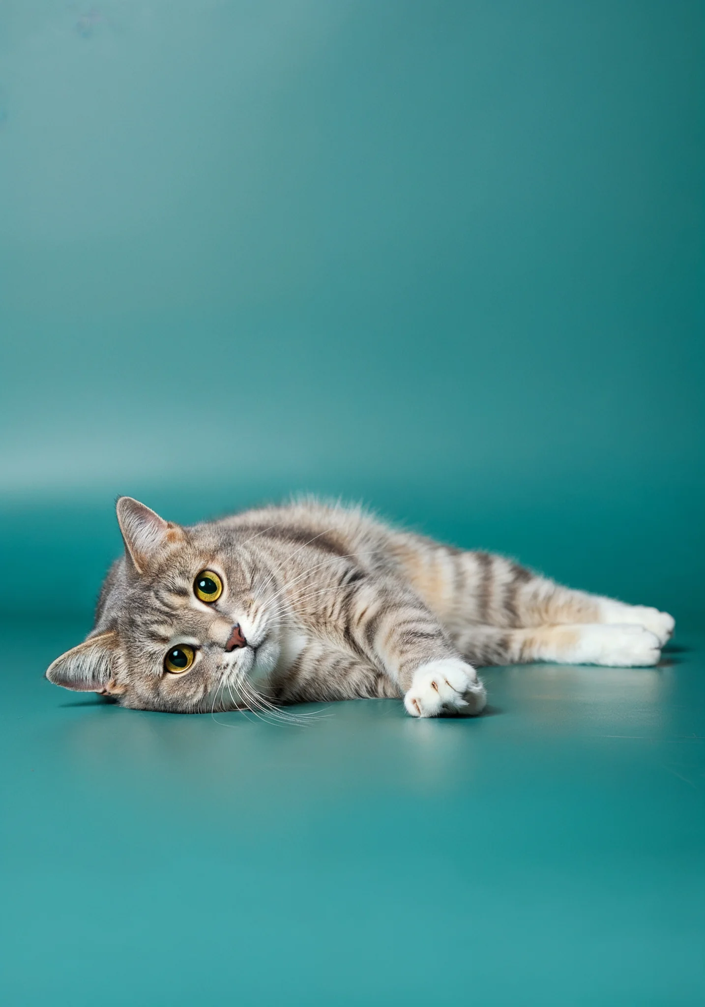 AI shot of a grey tabby cat lying on a teal background.