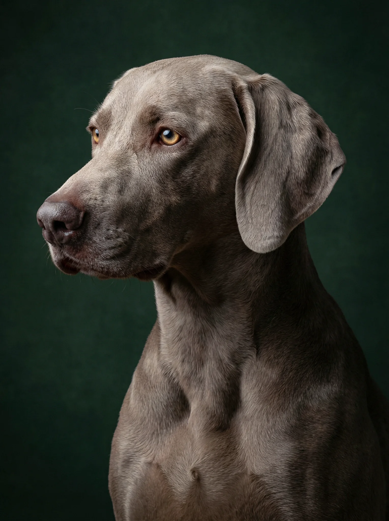 High-fidelity AI studio portrait of a Weimaraner dog's profile against a dark green background.