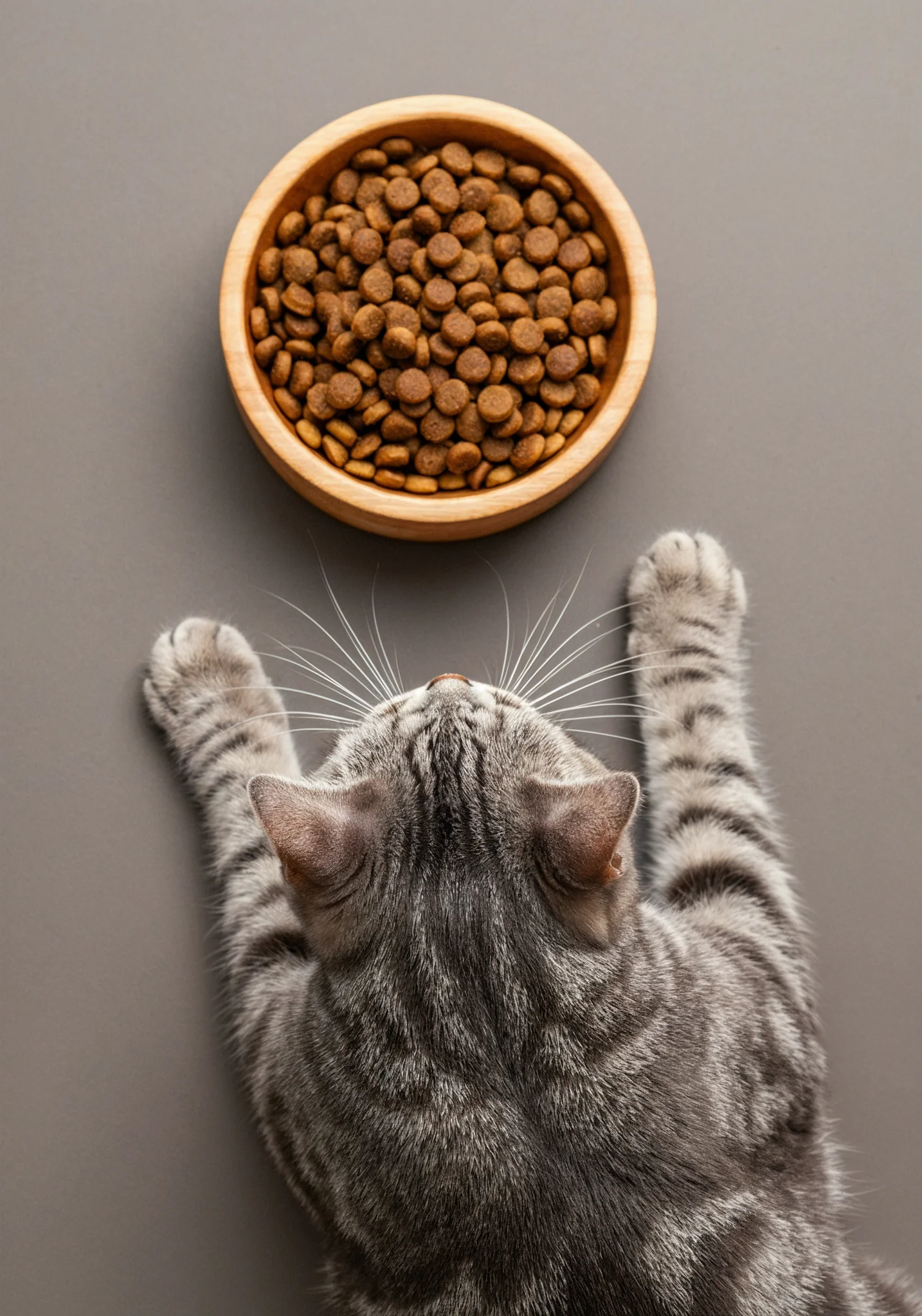 High-angle AI shot of a grey tabby cat looking at a bowl of food.