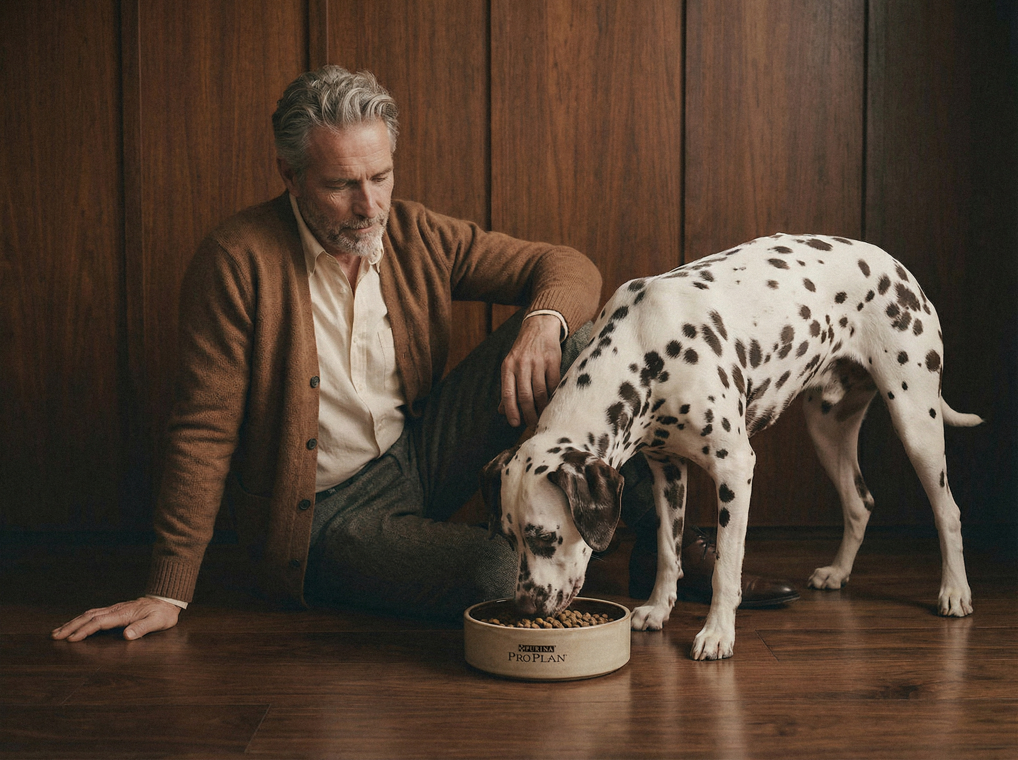 Commercial AI lifestyle image of a man in a cardigan sitting indoors with a Dalmatian eating from a dog bowl.