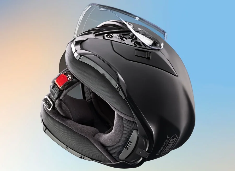 Side profile shot of the matte black Shoei J-Cruise 3 helmet.