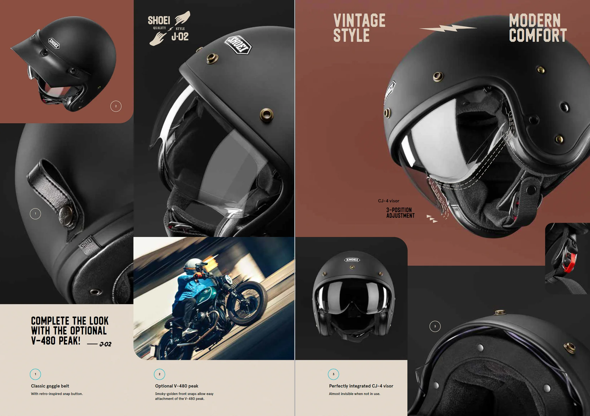 Multi-angle product spread showcasing the vintage style and modern comfort of Shoei helmets.