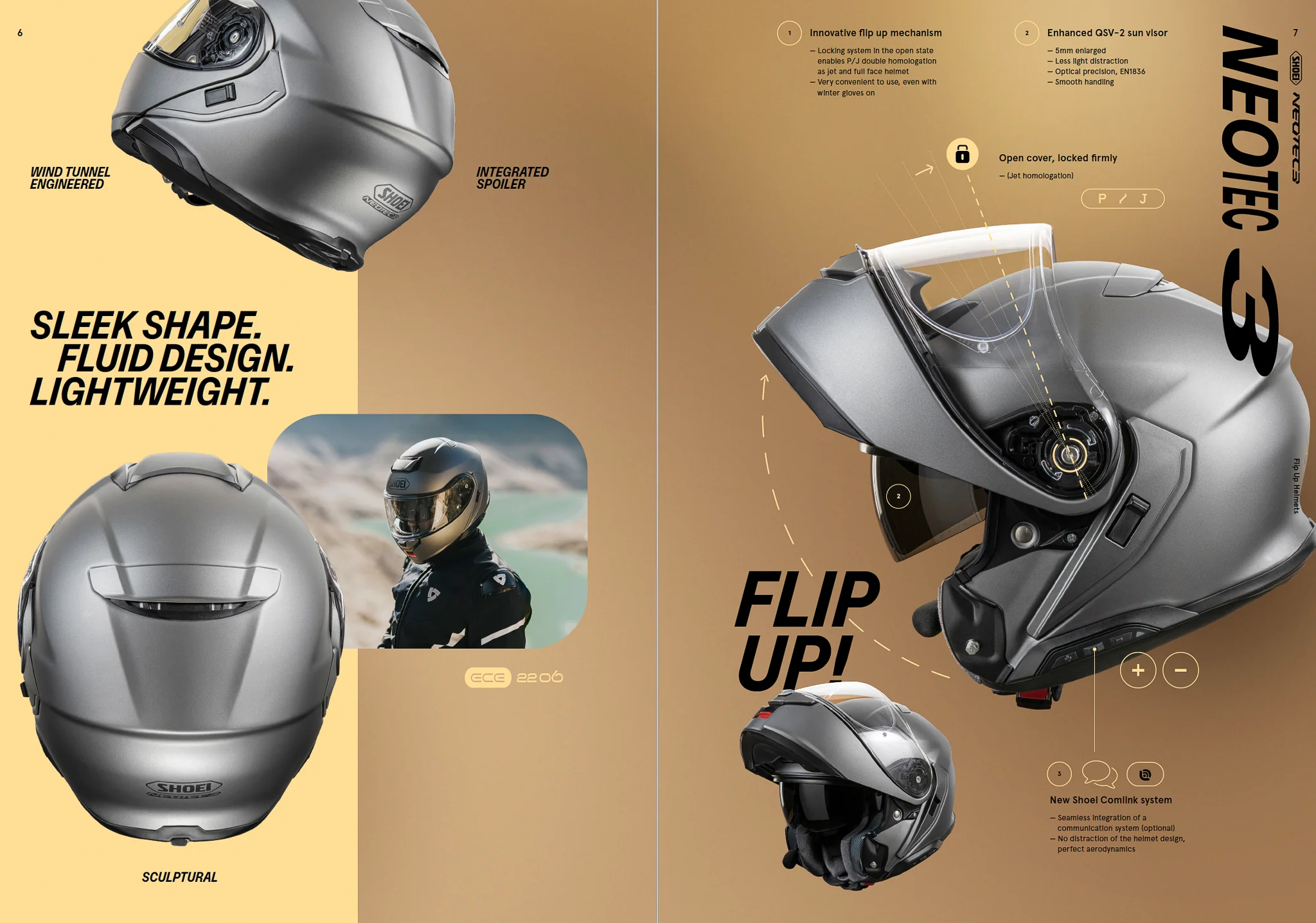 Marketing spread for the Shoei Neotec 3 modular helmet system.